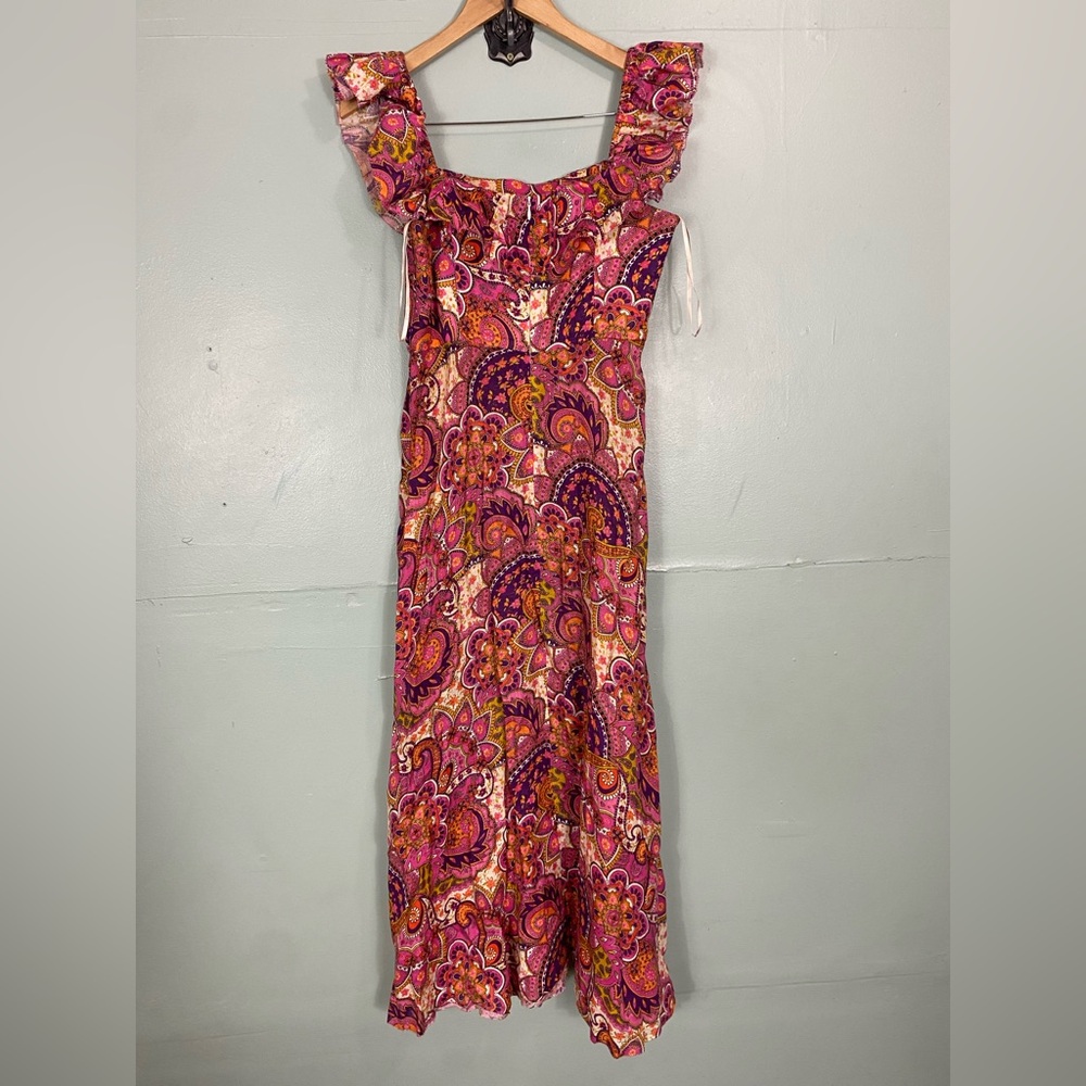 Zimmermann Fiesta Ruffle Midi Dress Size 8 Paisley Floral Linen Purple Pink - Picture 4 of 9